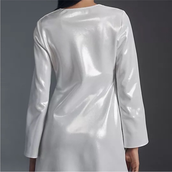 Anthropologie Long Sleeve V Neck Tie Front Metallic Mini Dress - Picture 3 of 13